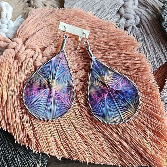 Large Teardrop Dangling Multicolor String Wrapped Earrings‎ - Picture 1 of 14